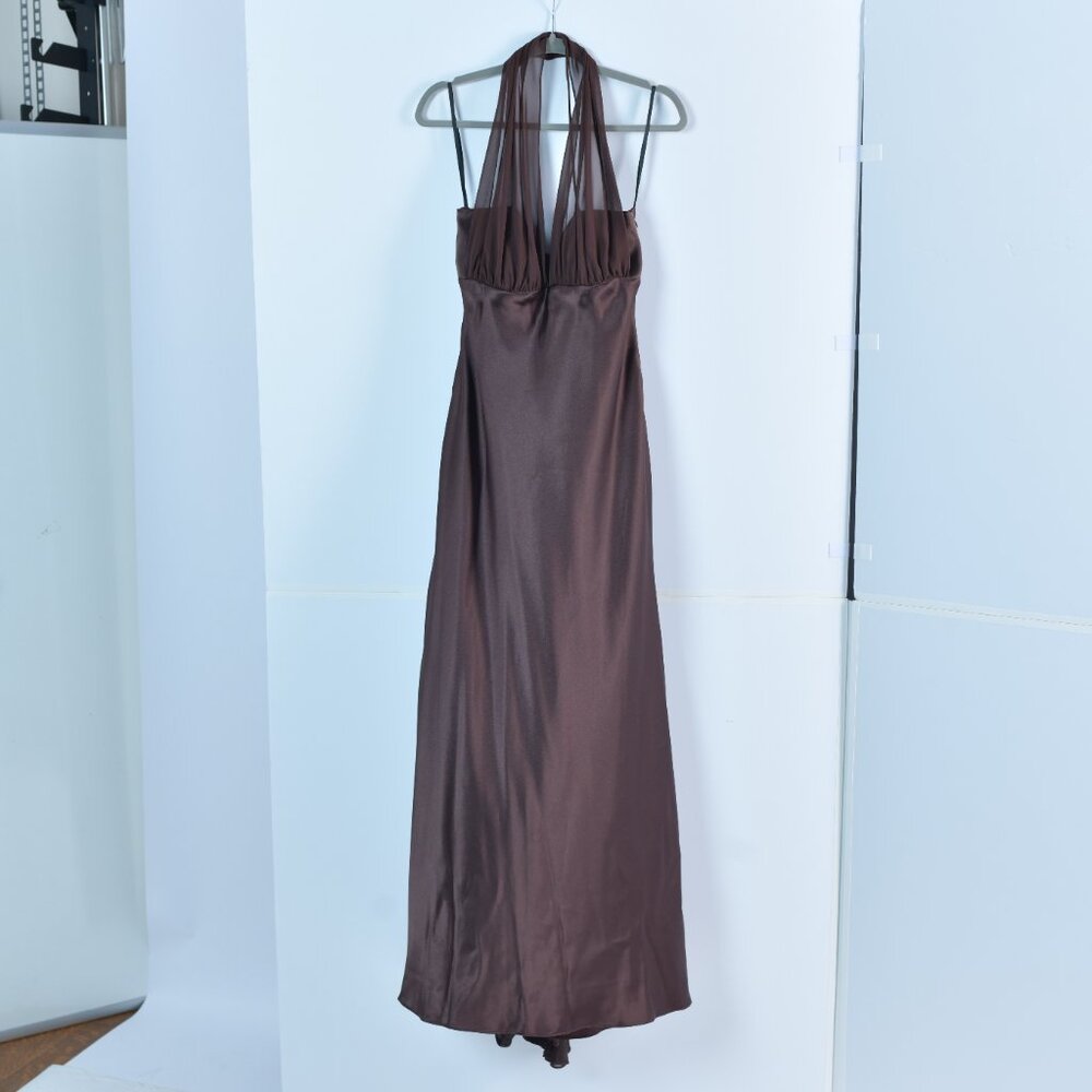 Satin Chocolate Brown Halter Formal Dress